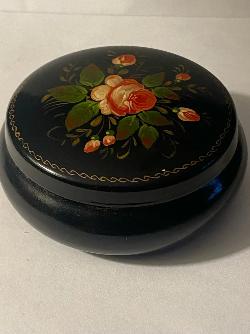 Vintage Russian Hand Painted Black Metal Tin Small Jewelry Trinket Box Floral